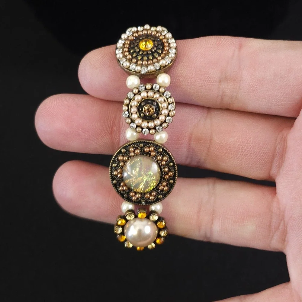 Vintage 90s Gold Tone Stretch Bracelet Statement Antiqued Women's Jewelry